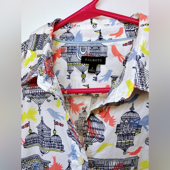 Talbots Bird Cage Print Button Down Cotton Blouse Size S - Picture 9 of 9